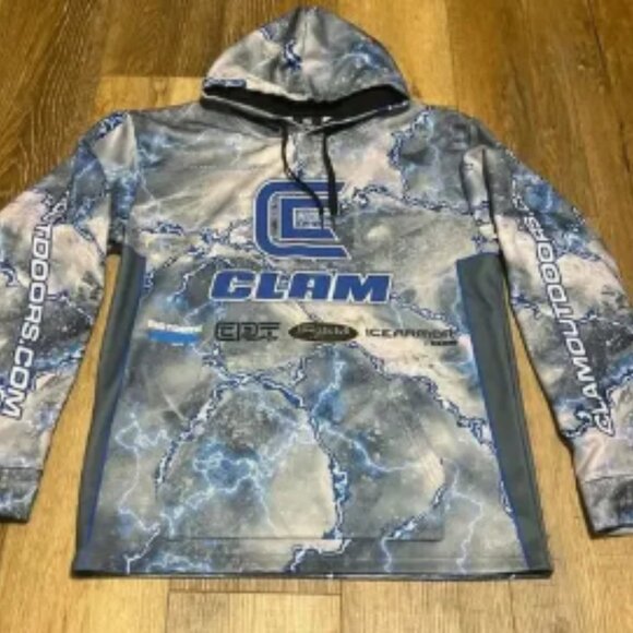 Clam Pro Icearmour Fishing Hoodie Sweatshirt Mens Medium Blue White Outdoorsman - Picture 4 of 9